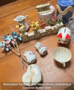 Decorative-Ceramic-and-Glass-Items-including-a-Covered-Butter-Dish