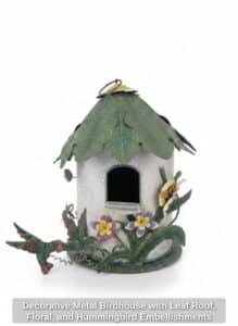 Decorative-Metal-Birdhouse-with-Leaf-Roof-Floral-and-Hummingbird-Embellishments