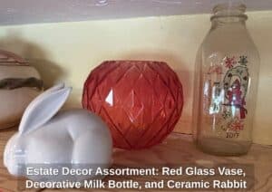 Estate-Decor-Assortment-Red-Glass-Vase-Decorative-Milk-Bottle-and-Ceramic-Rabbit