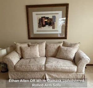 Ethan-Allen-Off-White-Damask-Upholstered-Rolled-Arm-Sofa