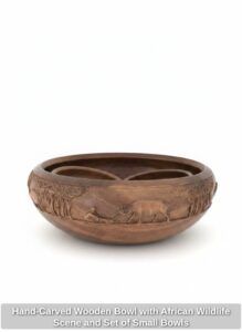 Hand-Carved-Wooden-Bowl-with-African-Wildlife-Scene-and-Set-of-Small-Bowls