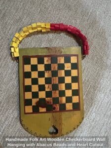 Handmade-Folk-Art-Wooden-Checkerboard-Wall-Hanging-with-Abacus-Beads-and-Heart-Cutout