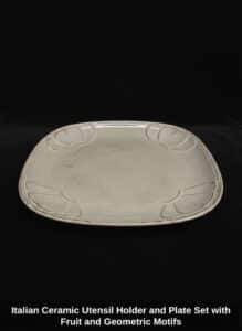Italian-Ceramic-Utensil-Holder-and-Plate-Set-with-Fruit-and-Geometric-Motifs