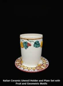 Italian-Ceramic-Utensil-Holder-and-Plate-Set-with-Fruit-and-Geometric-Motifs-second-image