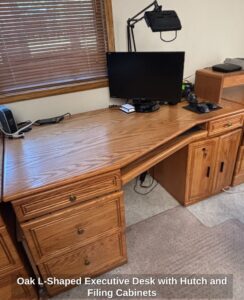 Oak-L-Shaped-Executive-Desk-with-Hutch-and-Filing-Cabinets