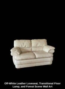 Off-White-Leather-Loveseat-Transitional-Floor-Lamp-and-Forest-Scene-Wall-Art