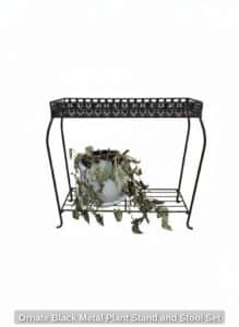 Ornate-Black-Metal-Plant-Stand-and-Stool-Set