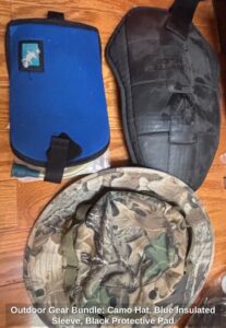 Outdoor-Gear-Bundle-Camo-Hat-Blue-Insulated-Sleeve-Black-Protective-Pad