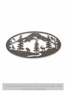 Oval-Mountain-Scene-Metal-Wall-Art-with-Wolf-Bear-Elk-and-Birds