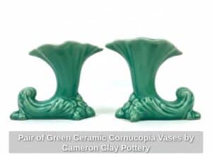 Pair-of-Green-Ceramic-Cornucopia-Vases-by-Cameron-Clay-Pottery