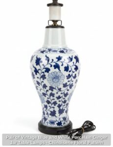 Pair-of-Vintage-Blue-and-White-Porcelain-Ginger-Jar-Table-Lamps-Chinoiserie-Floral-Pattern-second-image