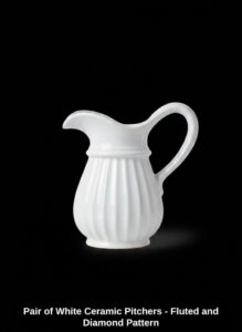 Pair-of-White-Ceramic-Pitchers-Fluted-and-Diamond-Pattern