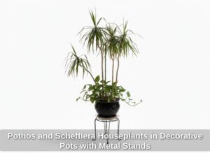 Pothos-and-Schefflera-Houseplants-in-Decorative-Pots-with-Metal-Stands-fourth-image