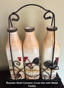 Rooster-Motif-Ceramic-Cruet-Set-with-Metal-Caddy