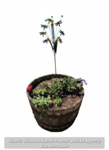 Rustic-Wooden-Barrel-Planter-with-Dragonfly-Garden-Stake