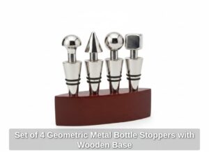 Set-of-Geometric-Metal-Bottle-Stoppers-with-Wooden-Base