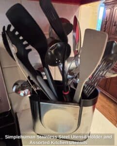Simplehuman-Stainless-Steel-Utensil-Holder-and-Assorted-Kitchen-Utensils
