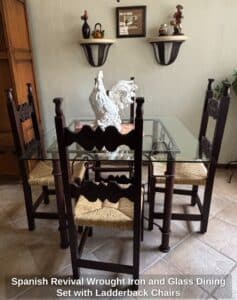 Spanish-Revival-Wrought-Iron-and-Glass-Dining-Set-with-Ladderback-Chairs