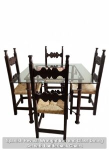 Spanish-Revival-Wrought-Iron-and-Glass-Dining-Set-with-Ladderback-Chairs-second-image