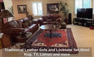 Traditional-Leather-Sofa-and-Loveseat-SetWool-Rug-TV-Lamps-and-more