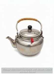 Vintage-Aluminum-Tea-Kettle-with-Woven-Handle-and-Red-Accent