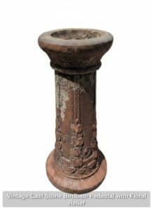 Vintage-Cast-Stone-Birdbath-Pedestal-with-Floral-Relief