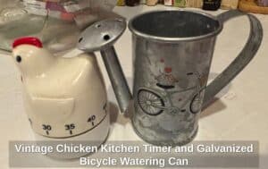 Vintage-Chicken-Kitchen-Timer-and-Galvanized-Bicycle-Watering-Can