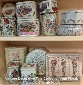 Vintage-Decorative-Tins-Collection-with-Floral-Fruit-and-Cherub-Motifs