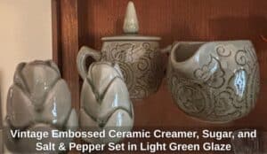 Vintage-Embossed-Ceramic-Creamer-Sugar-and-Salt-Pepper-Set-in-Light-Green-Glaze