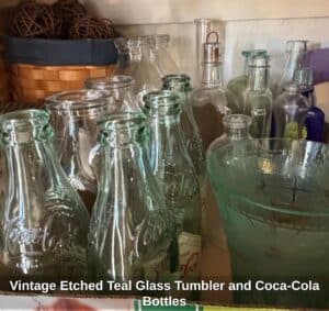 Vintage-Etched-Teal-Glass-Tumbler-and-Coca-Cola-Bottles