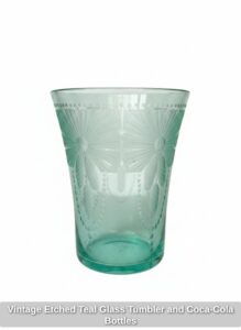 Vintage-Etched-Teal-Glass-Tumbler-and-Coca-Cola-Bottles-second-image