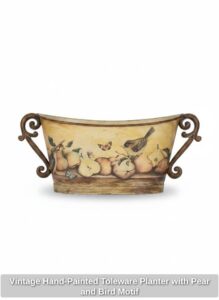 Vintage-Hand-Painted-Toleware-Planter-with-Pear-and-Bird-Motif