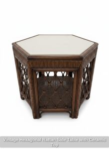 Vintage-Hexagonal-Rattan-Side-Table-with-Ceramic-Top