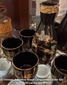 Vintage-Japanese-Black-Lacquerware-Sake-Set-with-Gold-Landscape-Motifs