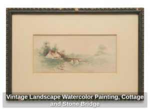 Vintage-Landscape-Watercolor-Painting-Cottage-and-Stone-Bridge