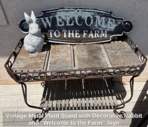 Vintage-Metal-Plant-Stand-with-Decorative-Rabbit-and-Welcome-to-the-Farm-Sign