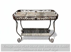 Vintage-Metal-Plant-Stand-with-Decorative-Rabbit-and-Welcome-to-the-Farm-Sign-second-image