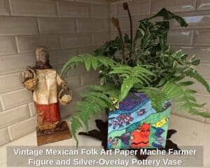 Vintage-Mexican-Folk-Art-Paper-Mache-Farmer-Figure-and-Silver-Overlay-Pottery-Vase