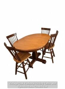 Vintage-Oak-Pedestal-Dining-Table-and-Spindle-Back-Chairs-Set