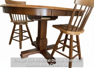 Vintage-Oak-Pedestal-Dining-Table-and-Spindle-Back-Chairs-Set-third-image