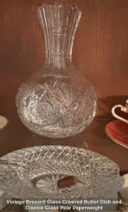 Vintage-Pressed-Glass-Covered-Butter-Dish-and-Crackle-Glass-Pear-Paperweight-second-image