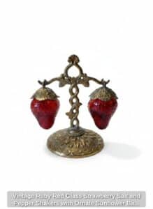 Vintage-Ruby-Red-Glass-Strawberry-Salt-and-Pepper-Shakers-with-Ornate-Sunflower-Base-Stand