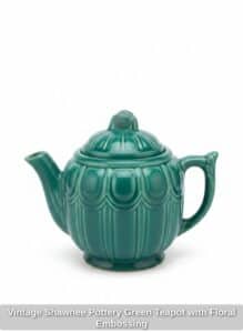 Vintage-Shawnee-Pottery-Green-Teapot-with-Floral-Embossing