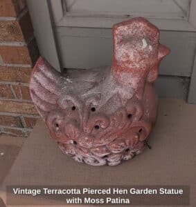 Vintage-Terracotta-Pierced-Hen-Garden-Statue-with-Moss-Patina