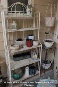 Vintage-White-Wrought-Iron-Bakers-Rack-with-Planters