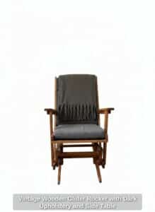 Vintage-Wooden-Glider-Rocker-with-Dark-Upholstery-and-Side-Table