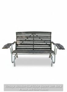 Vintage-Wooden-Slat-Glider-Bench-with-Metal-Frame-and-Side-Tables