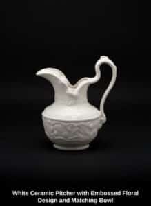 White-Ceramic-Pitcher-with-Embossed-Floral-Design-and-Matching-Bowl