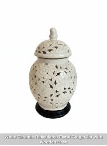 White-Ceramic-Reticulated-Floral-Ginger-Jar-with-Wooden-Base