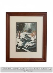 Winter-Stream-Landscape-Watercolor-Painting-by-D.M.-Master